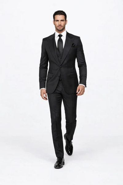 Suits With Baggy Pleated Pants - Wide Leg Pants 100% Wool - Classic Fit in Black Color by Rossiman