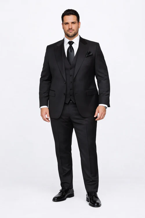 Suits With Baggy Pleated Pants - Wide Leg Pants 100% Wool - Classic Fit in Black Color by Rossiman