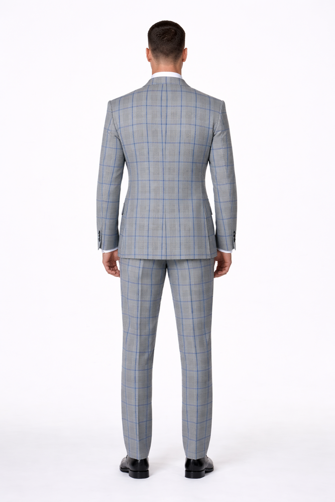 Suits With Baggy Pleated Pants - Wide Leg Pants 100% Wool - Classic Fit in Color Grey with Blue Plaid by Rossiman