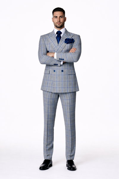 Suits With Baggy Pleated Pants - Wide Leg Pants 100% Wool - Classic Fit in Color Grey with Blue Plaid by Rossiman