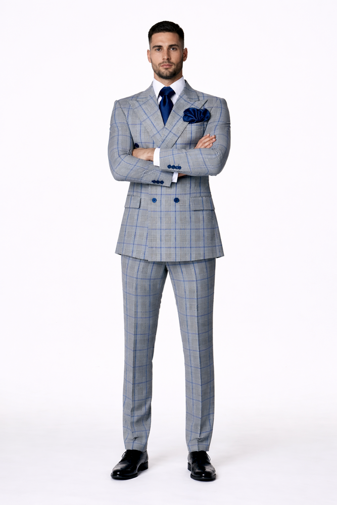 Suits With Baggy Pleated Pants - Wide Leg Pants 100% Wool - Classic Fit in Color Grey with Blue Plaid by Rossiman