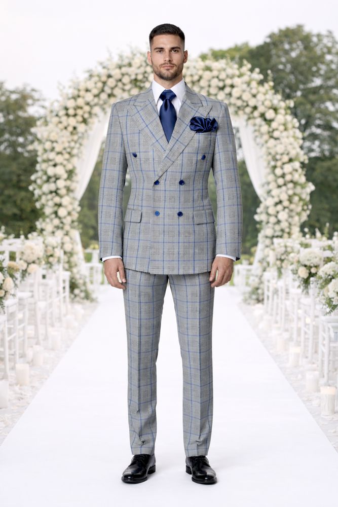 Suits With Baggy Pleated Pants - Wide Leg Pants 100% Wool - Classic Fit in Color Grey with Blue Plaid by Rossiman