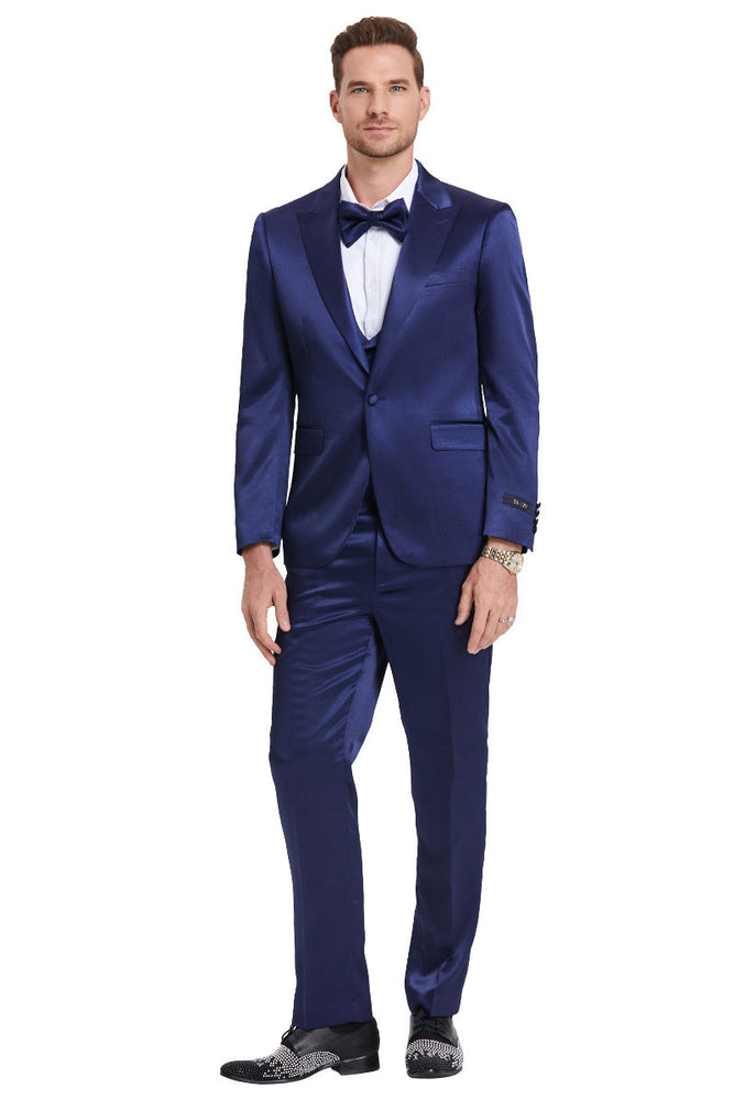 Men's Indigo Navy Blue Sharkskin Suit with One Button Vested Style