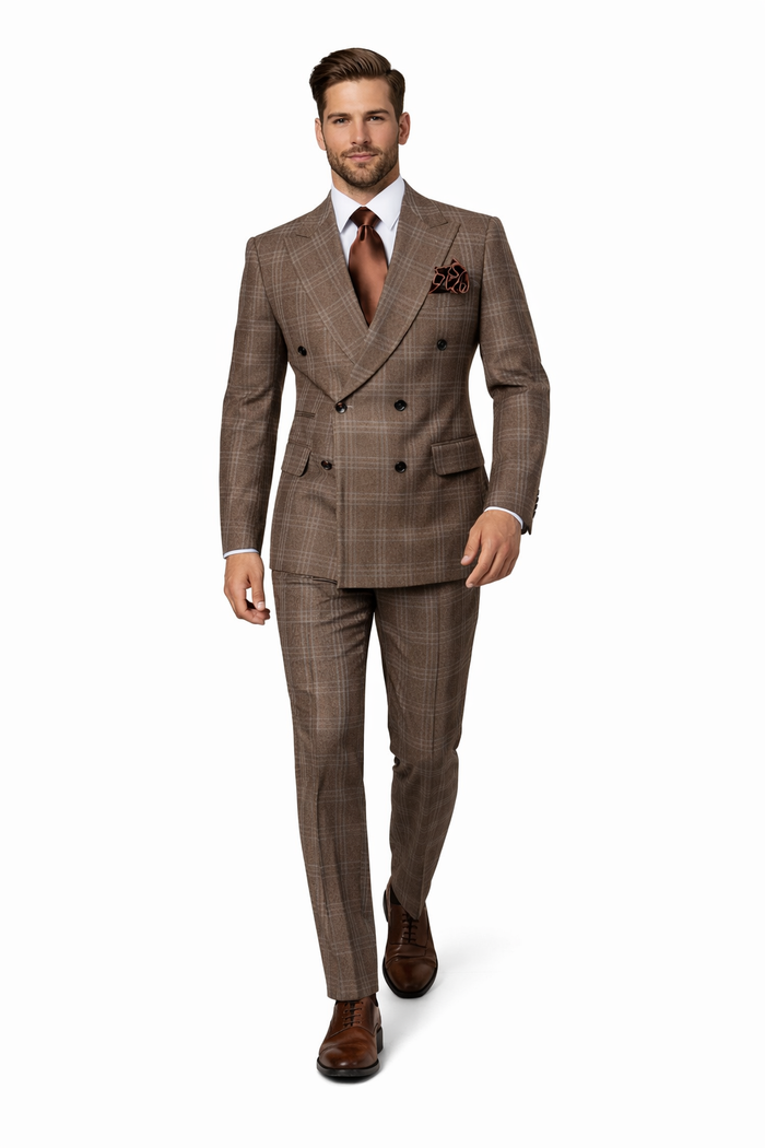 Brown Windsor Plaid Double-Breasted 3-Piece Executive Suit by Rossiman