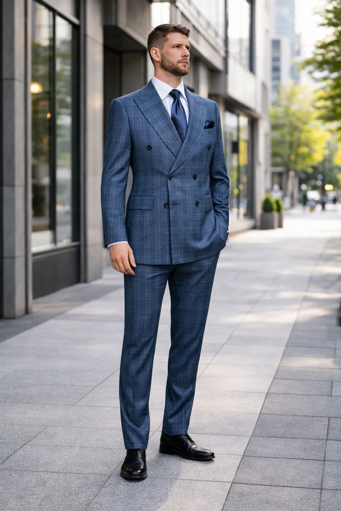Mens Rossiman Blue Plaid Double Breasted Suit – Modern 6-Button Tailored Fit