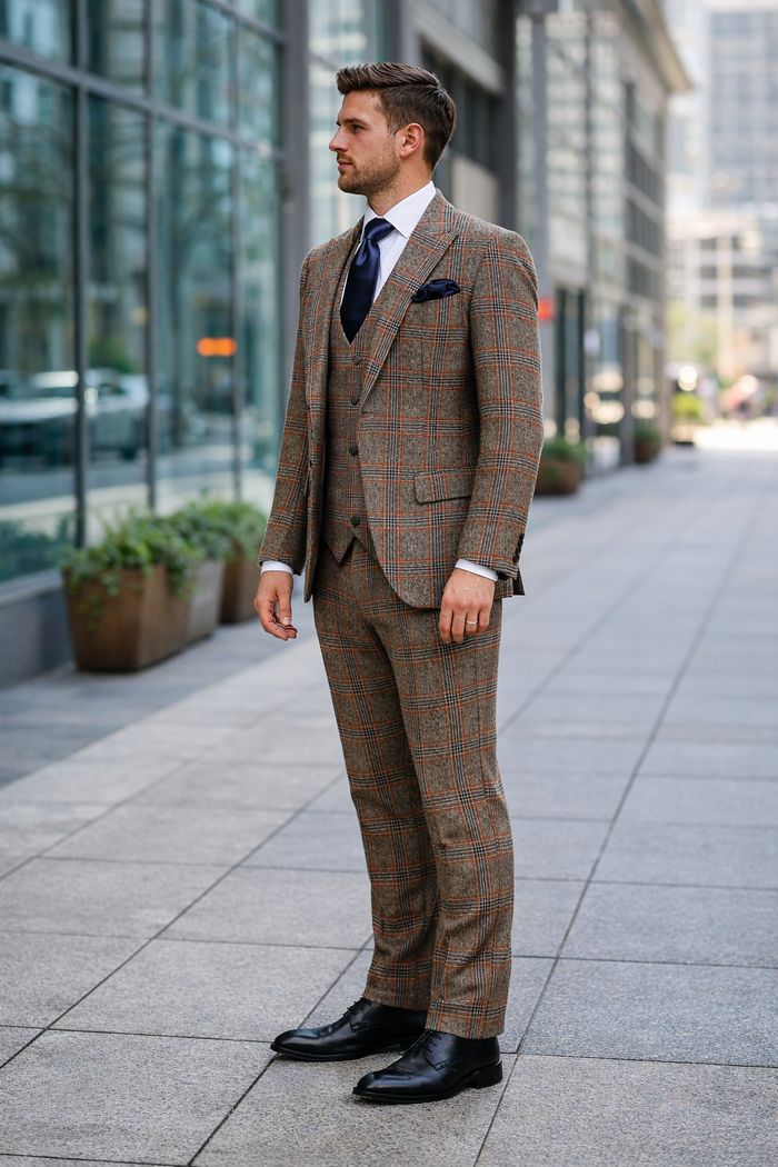 Mens Rossiman Brown Plaid 3-Piece Vested Suit – Classic Tailored Fit