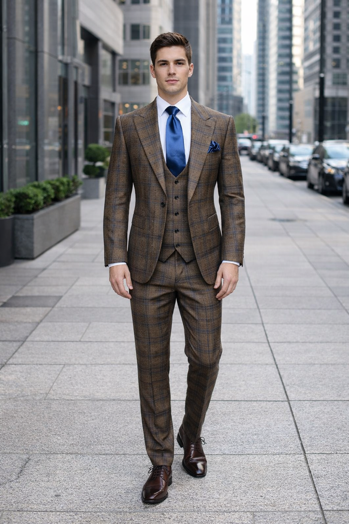 Vintage Camel-Navy Windowpane 3-Piece Gentleman’s Suit for Formal Elegance