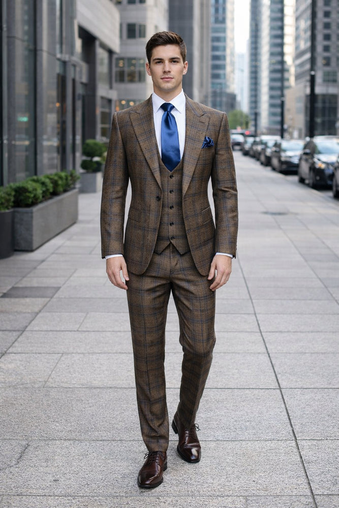 Vintage Camel-Navy Windowpane 3-Piece Gentleman’s Suit for Formal Elegance