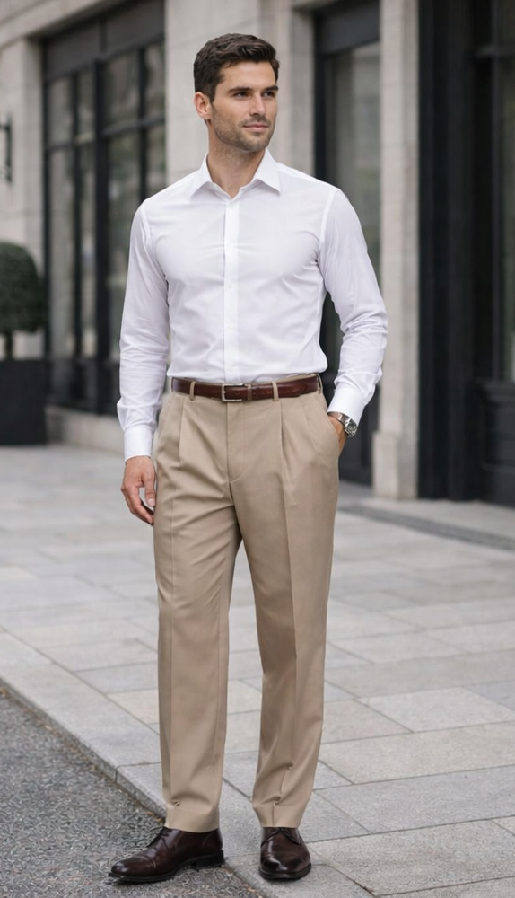 Tan ~ Beige Somerset Double-Pleated Slacks / Dress Pants Trouser unhemmed unfinished bottom