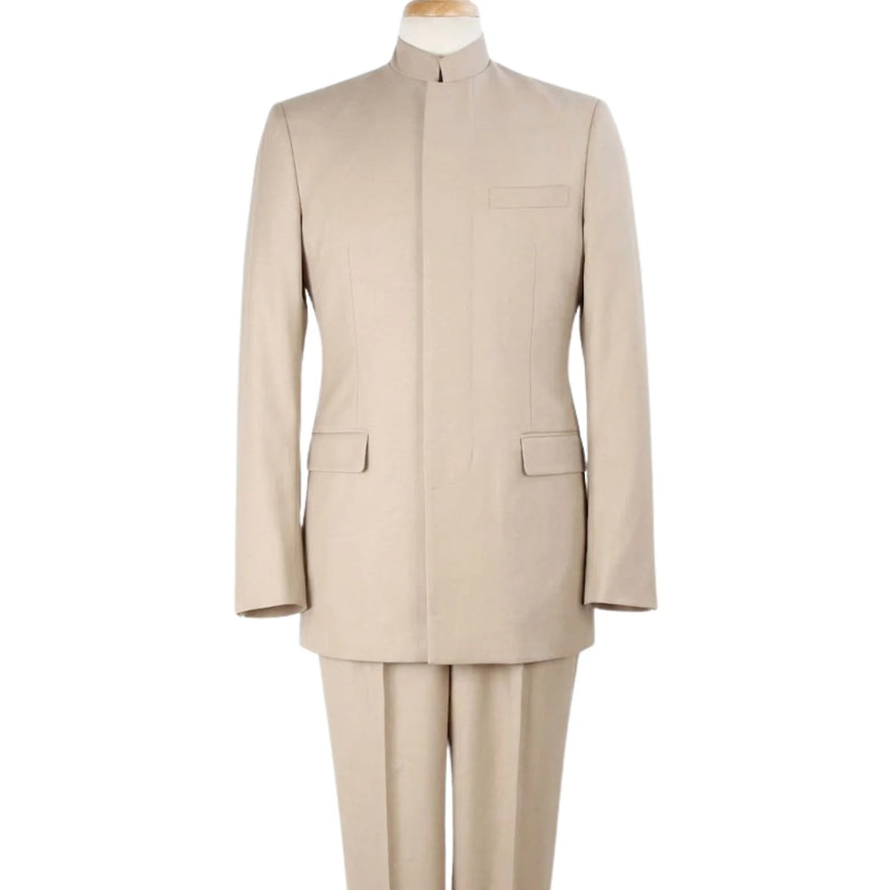Tan Mandarin Collar Classic Fit Clergy Suit with Pleated Pants
