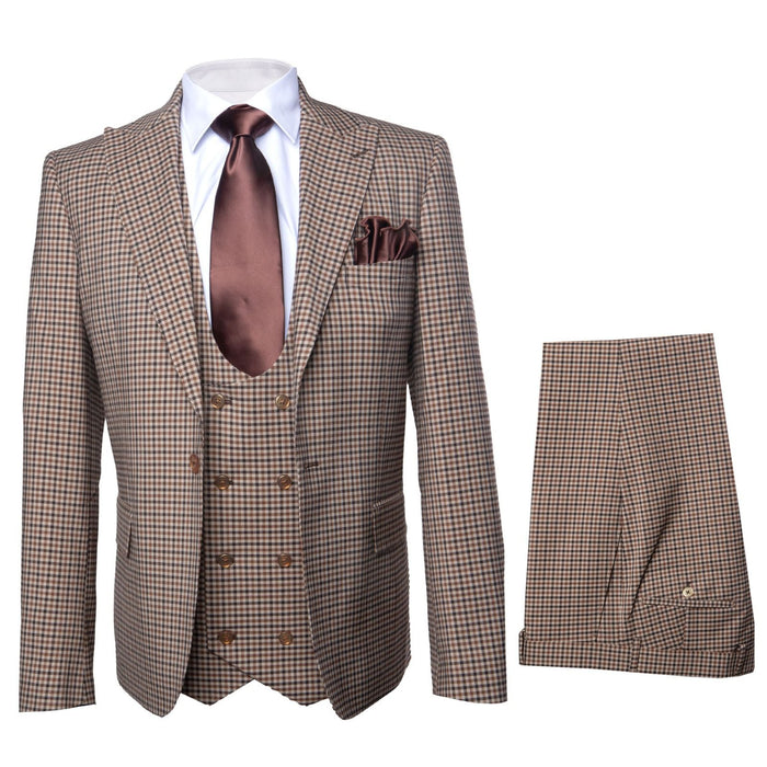 Rossiman Windsor Tan Mini-Check Double-Breasted 3-Piece Heritage Suit