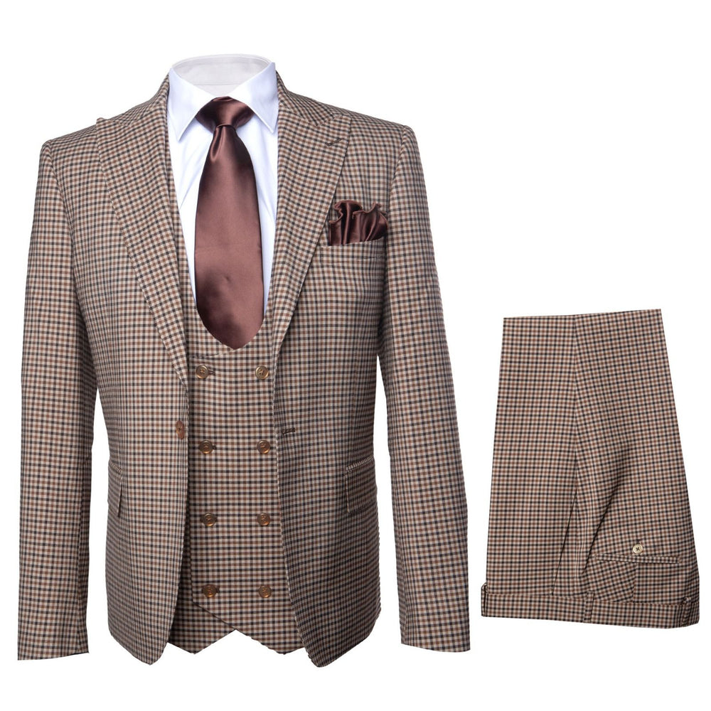 Rossiman Windsor Tan Mini-Check Double-Breasted 3-Piece Heritage Suit