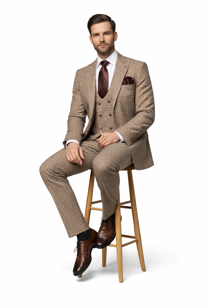 Rossiman Windsor Tan Mini-Check Double-Breasted 3-Piece Heritage Suit