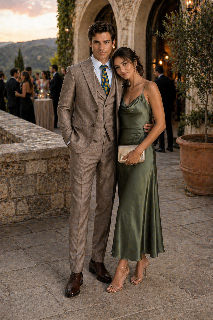Tan Modern Fit Glen Plaid 2 Button Peak Lapel 3 Piece Suit