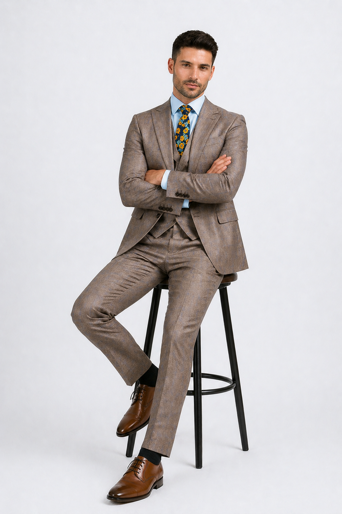 Tan Modern Fit Glen Plaid 2 Button Peak Lapel 3 Piece Suit