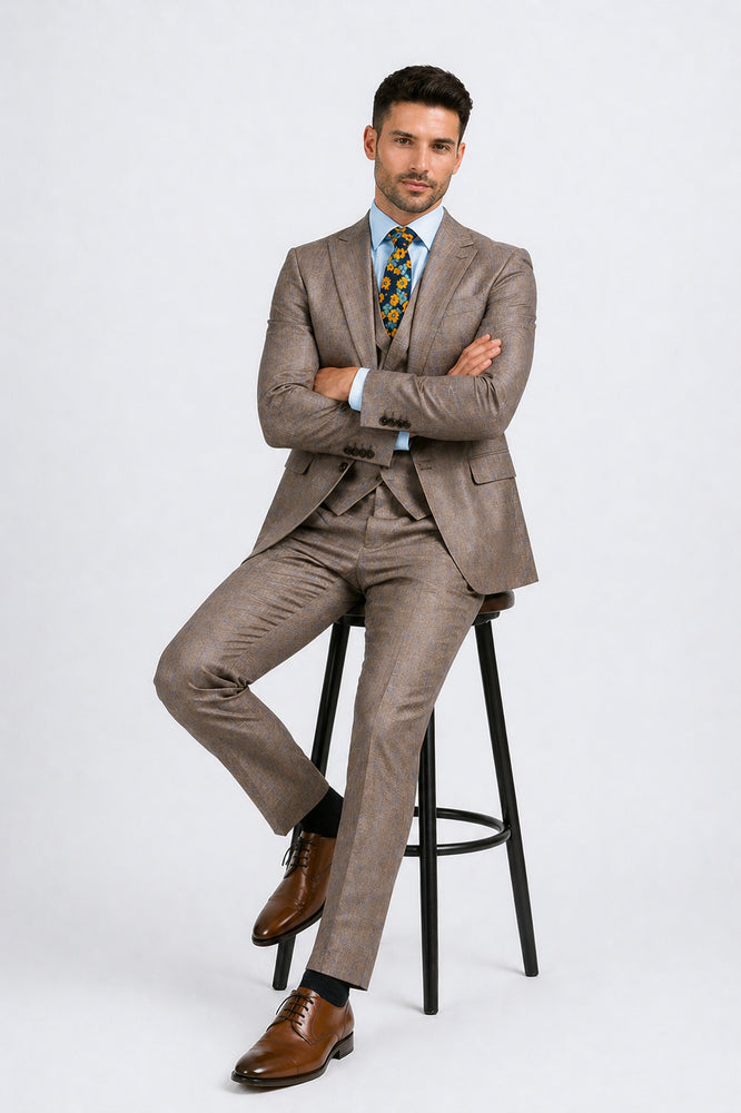 Tan Modern Fit Glen Plaid 2 Button Peak Lapel 3 Piece Suit