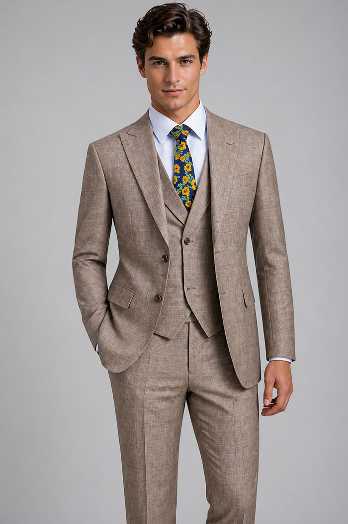 Tan Modern Fit Glen Plaid 2 Button Peak Lapel 3 Piece Suit
