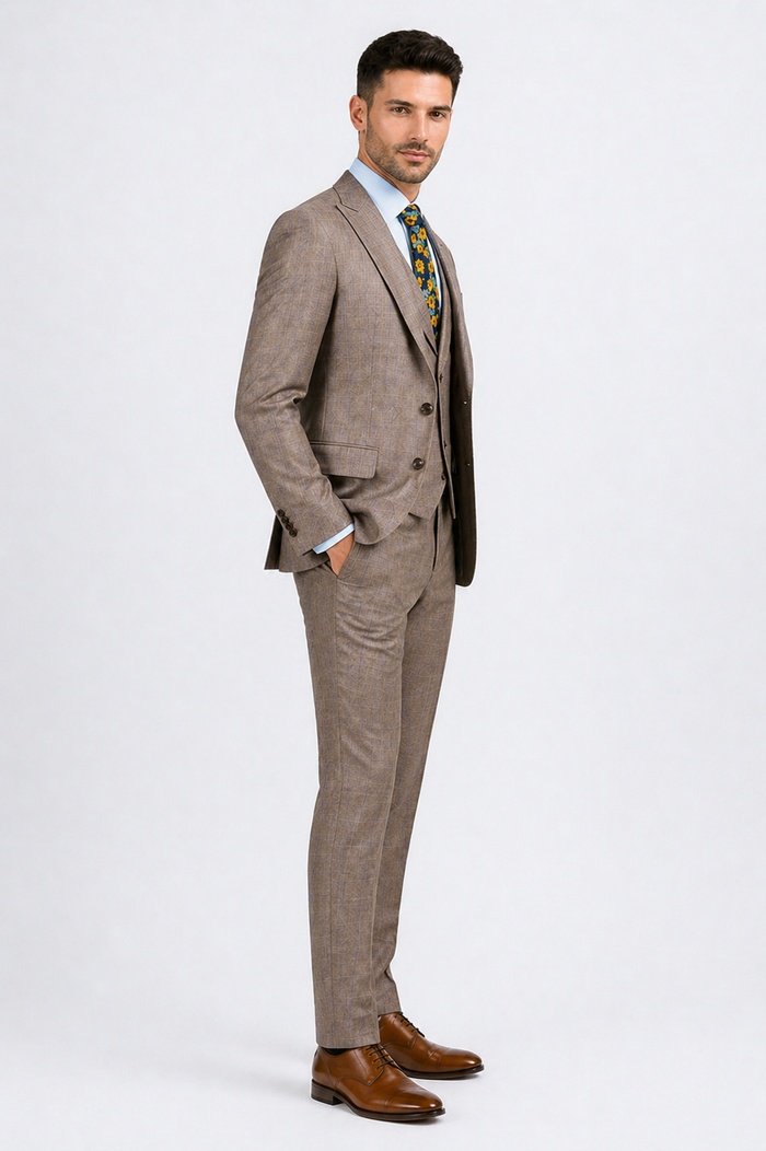 Tan Modern Fit Glen Plaid 2 Button Peak Lapel 3 Piece Suit
