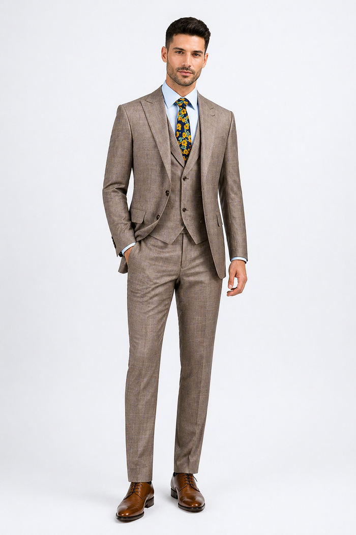 Tan Modern Fit Glen Plaid 2 Button Peak Lapel 3 Piece Suit