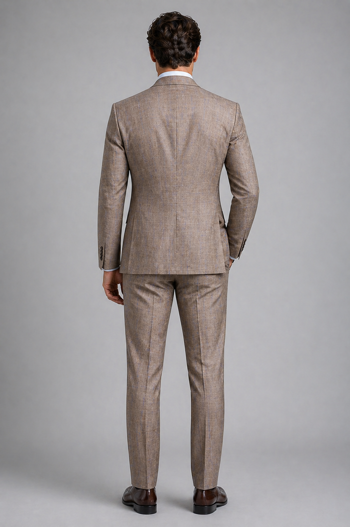 Tan Modern Fit Glen Plaid 2 Button Peak Lapel 3 Piece Suit