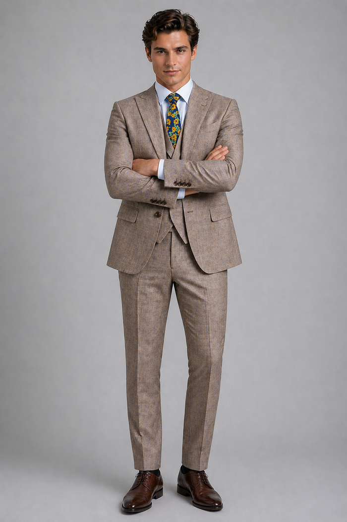 Tan Modern Fit Glen Plaid 2 Button Peak Lapel 3 Piece Suit
