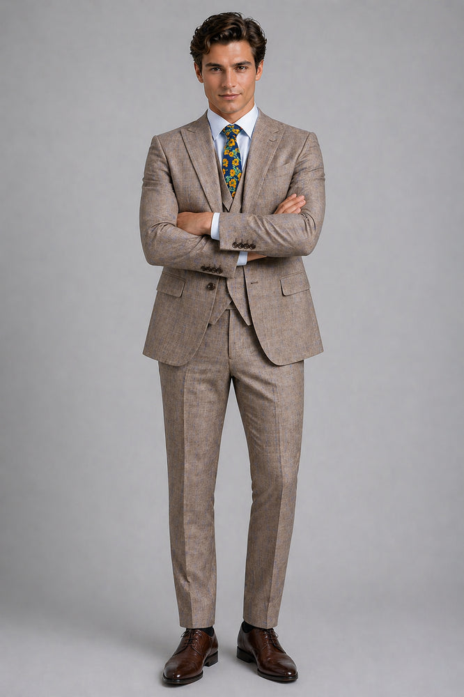 Tan Modern Fit Glen Plaid 2 Button Peak Lapel 3 Piece Suit