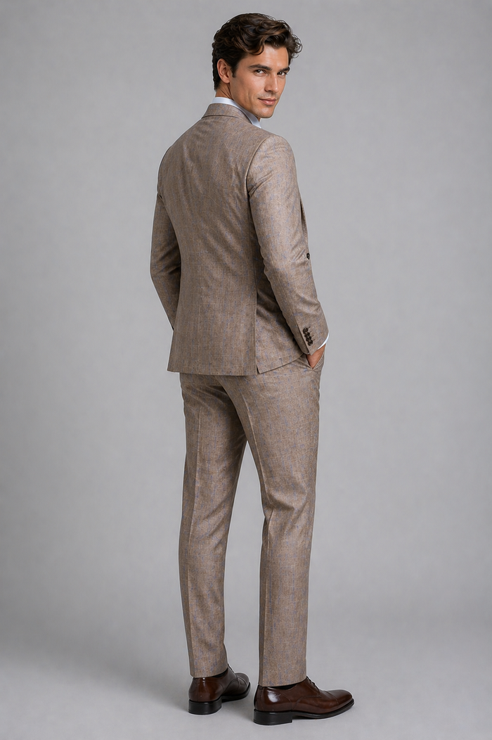 Tan Modern Fit Glen Plaid 2 Button Peak Lapel 3 Piece Suit