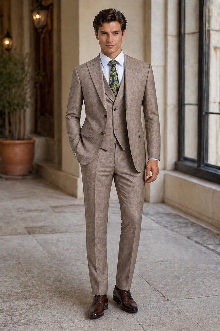 Tan Modern Fit Glen Plaid 2 Button Peak Lapel 3 Piece Suit