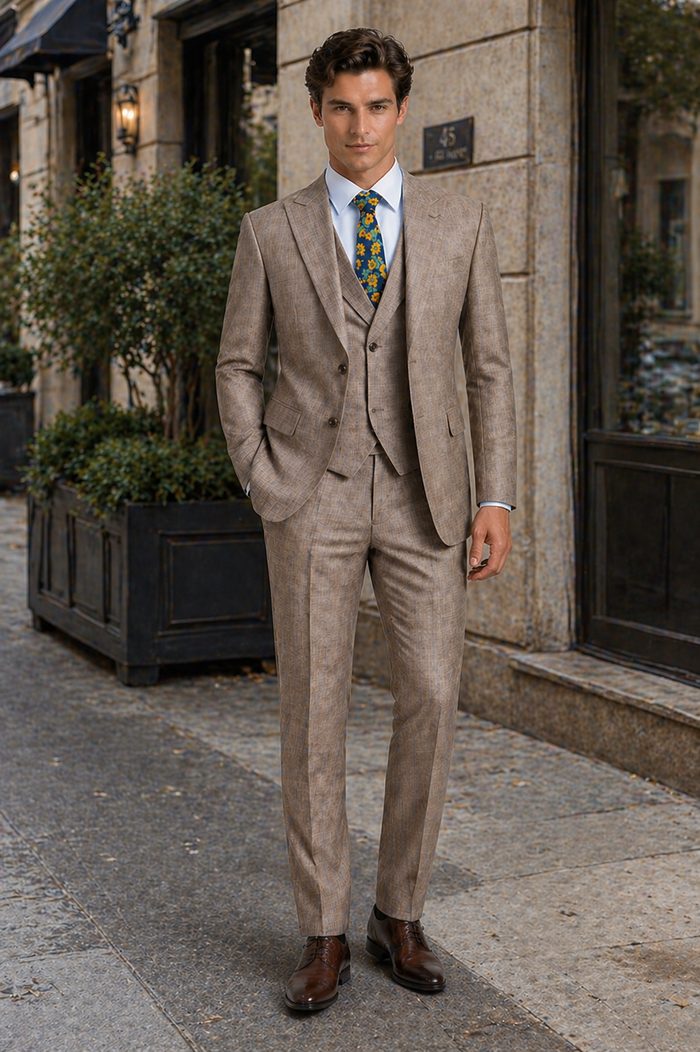 Tan Modern Fit Glen Plaid 2 Button Peak Lapel 3 Piece Suit