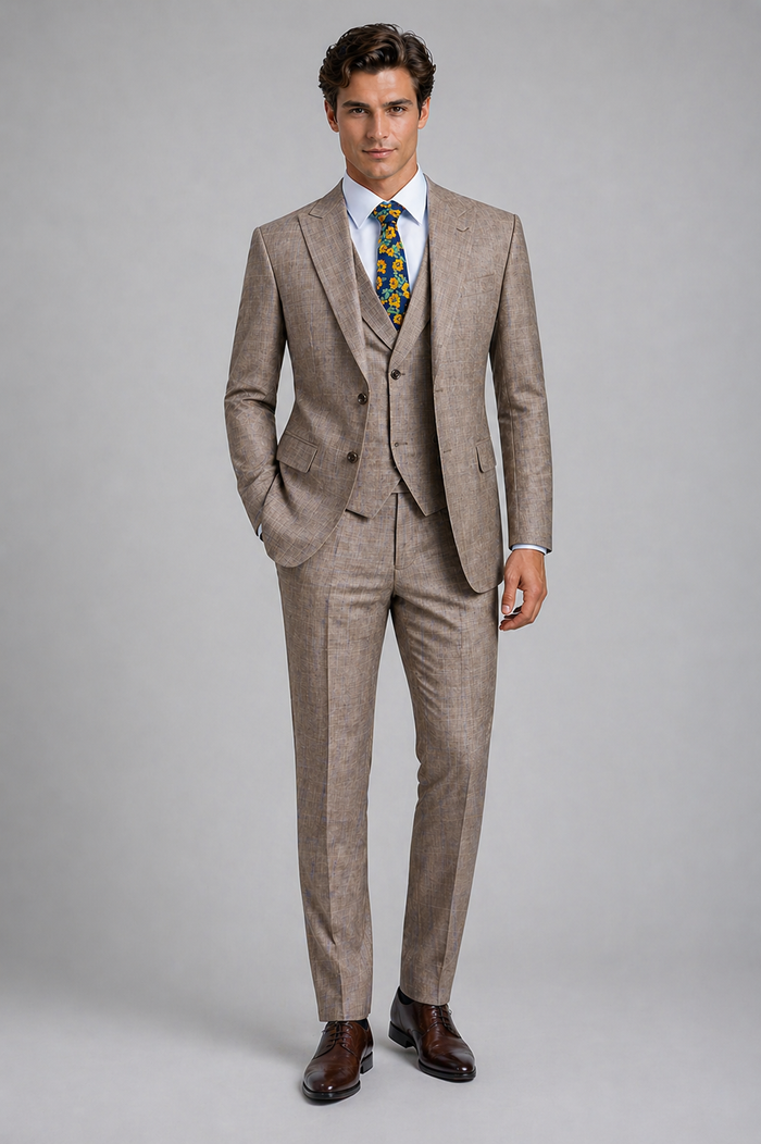 Tan Modern Fit Glen Plaid 2 Button Peak Lapel 3 Piece Suit