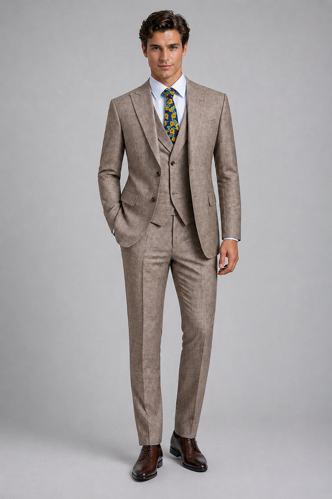 Tan Modern Fit Glen Plaid 2 Button Peak Lapel 3 Piece Suit