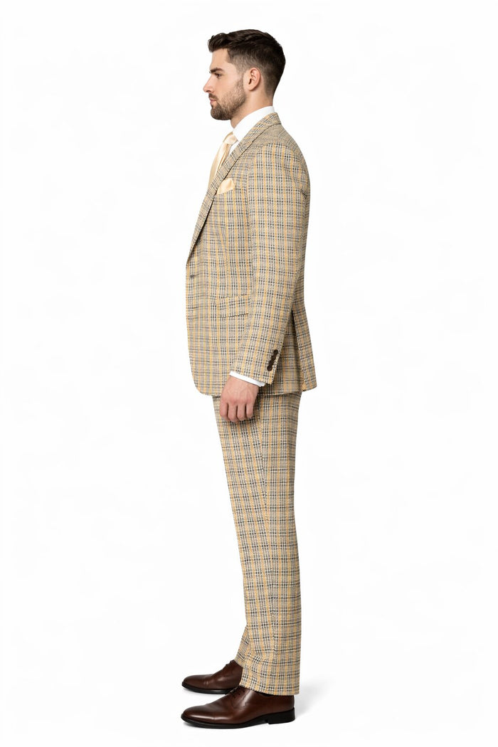 Mens Rossiman Tan Plaid 3-Piece Vested Suit – Classic Tailored Fit