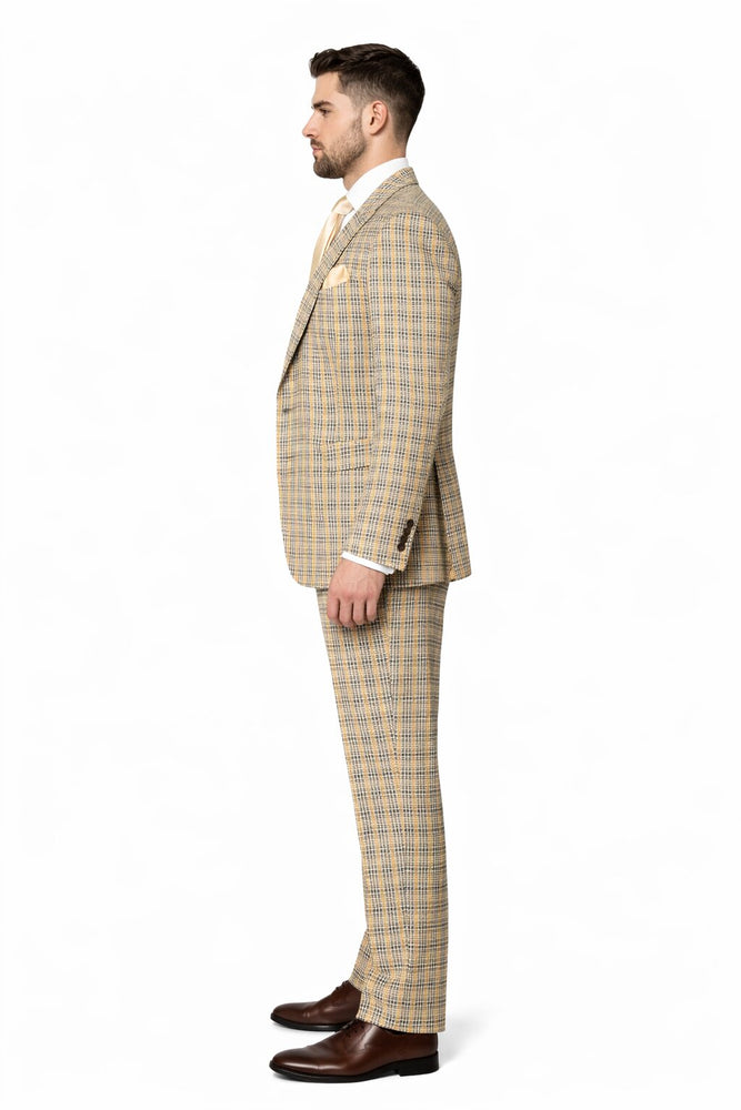 Mens Rossiman Tan Plaid 3-Piece Vested Suit – Classic Tailored Fit