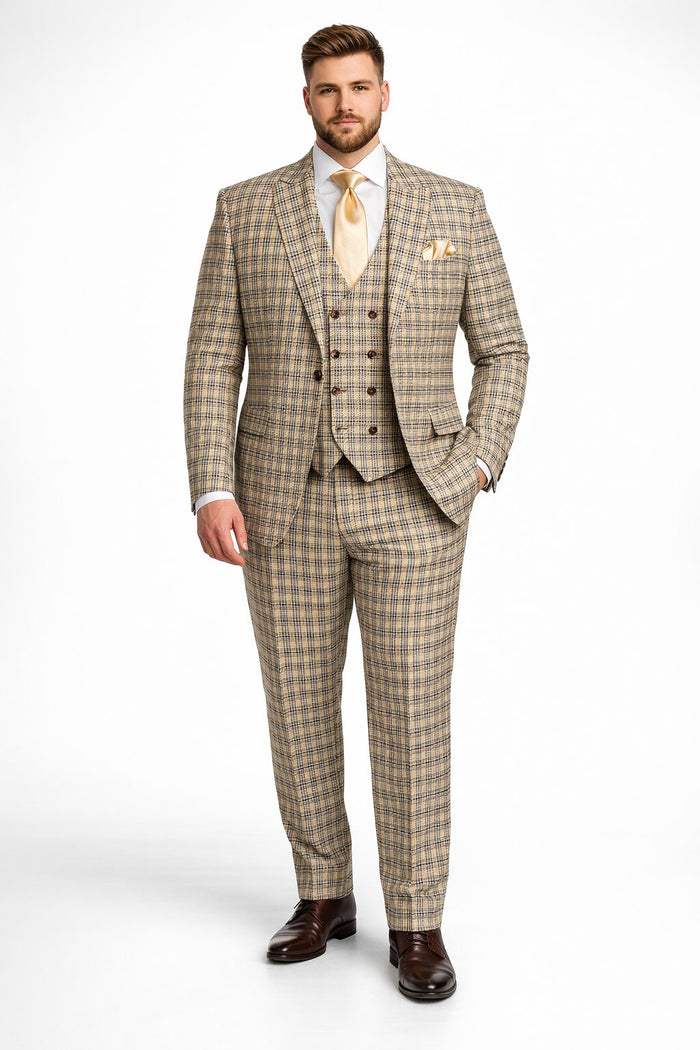 Mens Rossiman Tan Plaid 3-Piece Vested Suit – Classic Tailored Fit