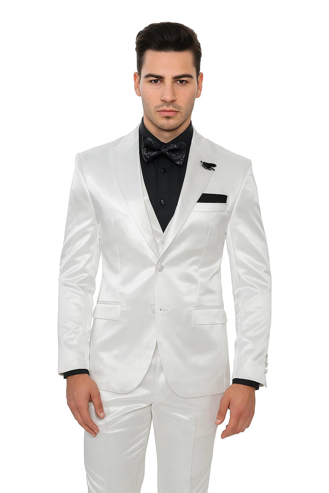 Mens Shiny Blazer - White Sateen Vested Suit