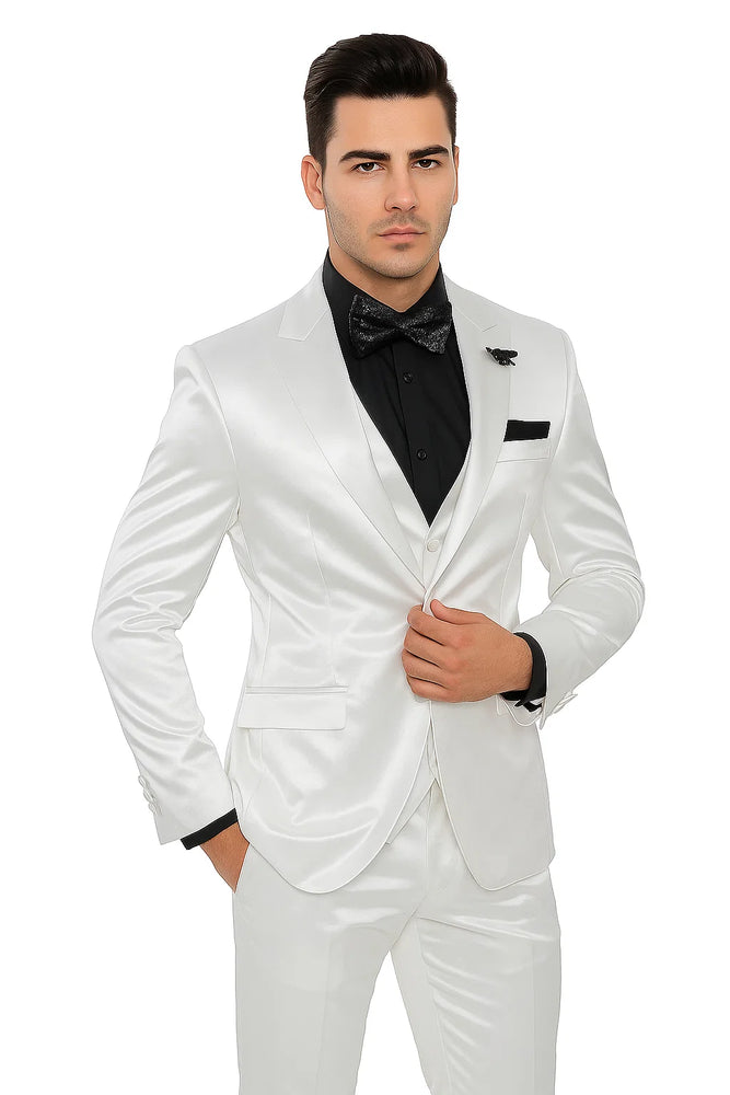 Mens Shiny Blazer - White Sateen Vested Suit