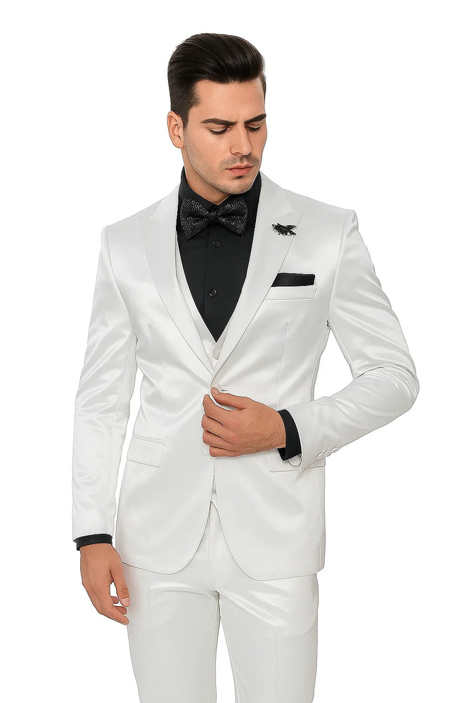 Mens Shiny Blazer - White Sateen Vested Suit