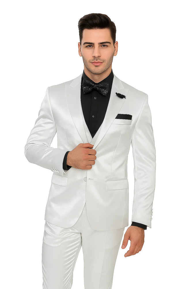 Mens Shiny Blazer - White Sateen Vested Suit