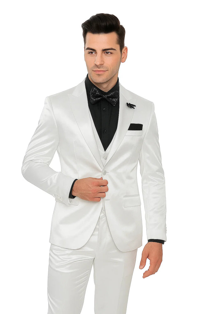 Mens Shiny Blazer - White Sateen Vested Suit