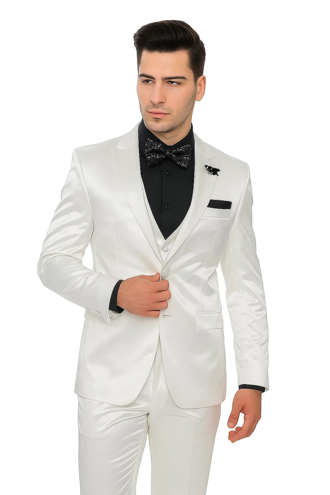 Mens Shiny Blazer - White Sateen Vested Suit