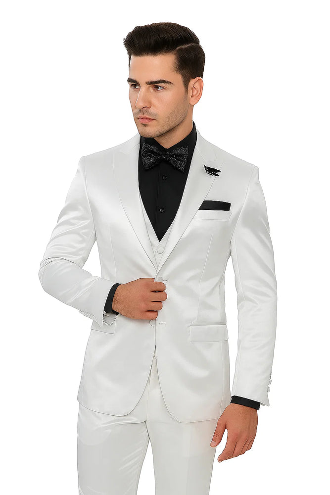 Mens Shiny Blazer - White Sateen Vested Suit