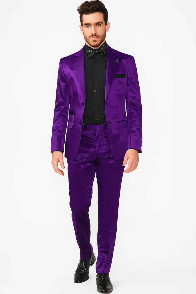 Mens Shiny Blazer - Purple Sateen Vested Suit