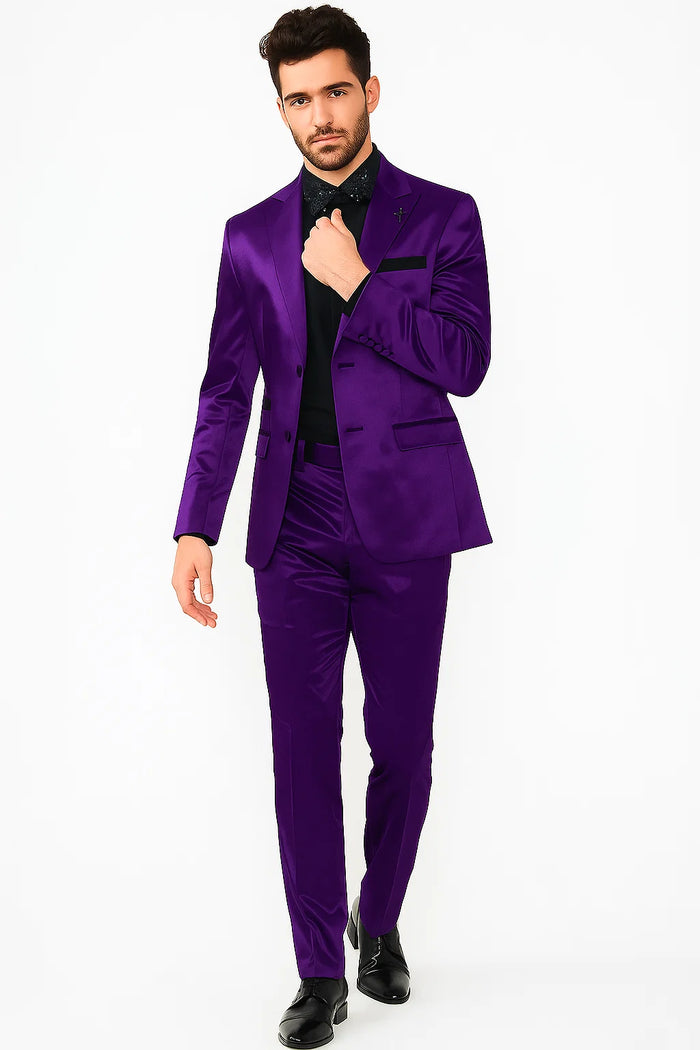 Mens Shiny Blazer - Purple Sateen Vested Suit