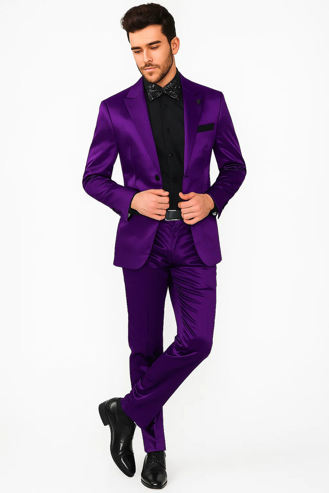 Mens Shiny Blazer - Purple Sateen Vested Suit