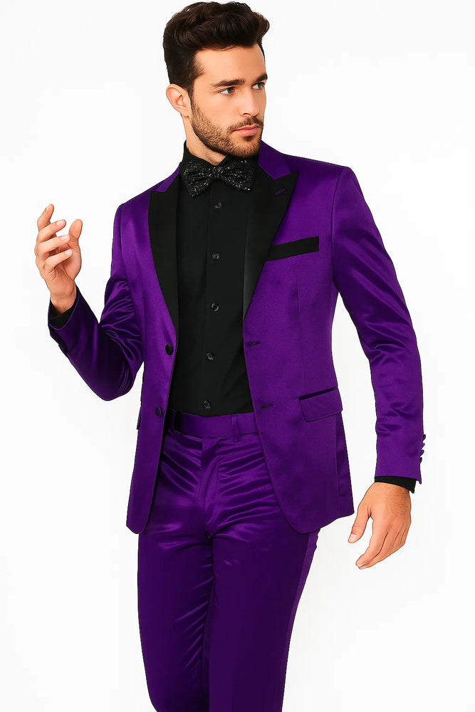 Mens Shiny Blazer - Purple Sateen Vested Suit