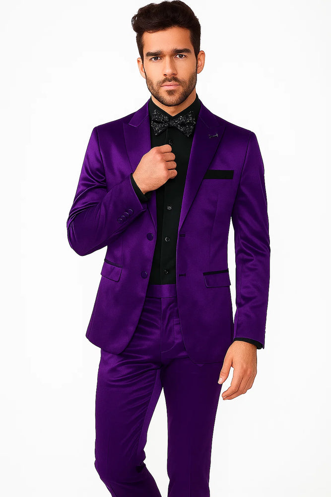 Mens Shiny Blazer - Purple Sateen Vested Suit