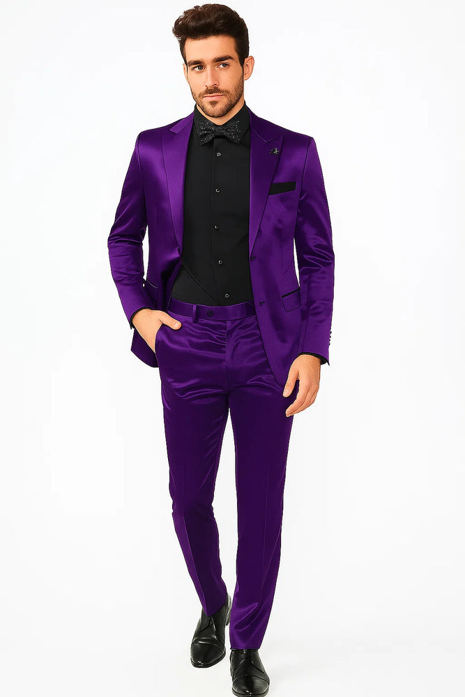 Mens Shiny Blazer - Purple Sateen Vested Suit