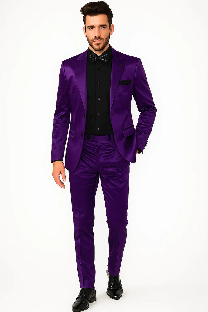 Mens Shiny Blazer - Purple Sateen Vested Suit