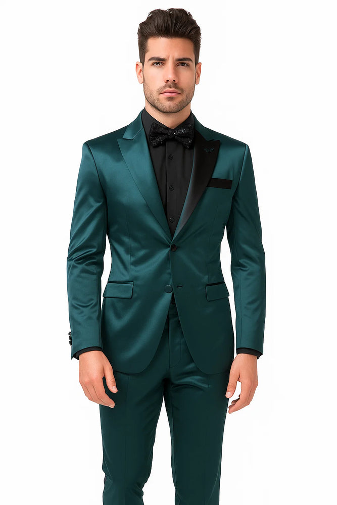Mens Shiny Blazer - Teal Blue Sateen Vested Suit