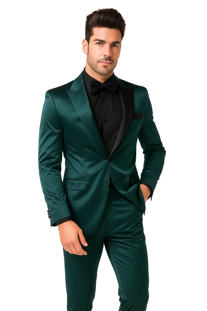 Mens Shiny Blazer - Teal Blue Sateen Vested Suit